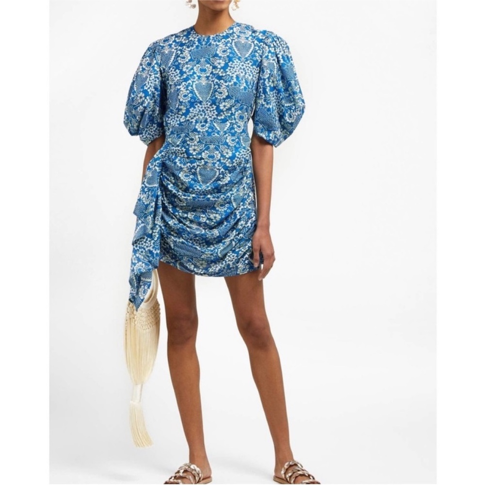 Rhode Pia Puff Sleeve Mini Dress in Blue